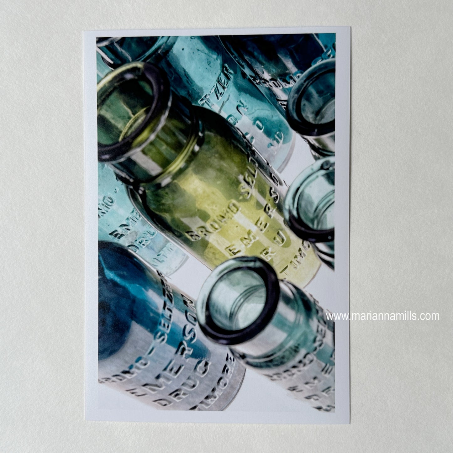 Bromo Seltzer Vintage Glass Bottles Rare Greens Fine Art Photography 4x6 inches by Marianna Mills