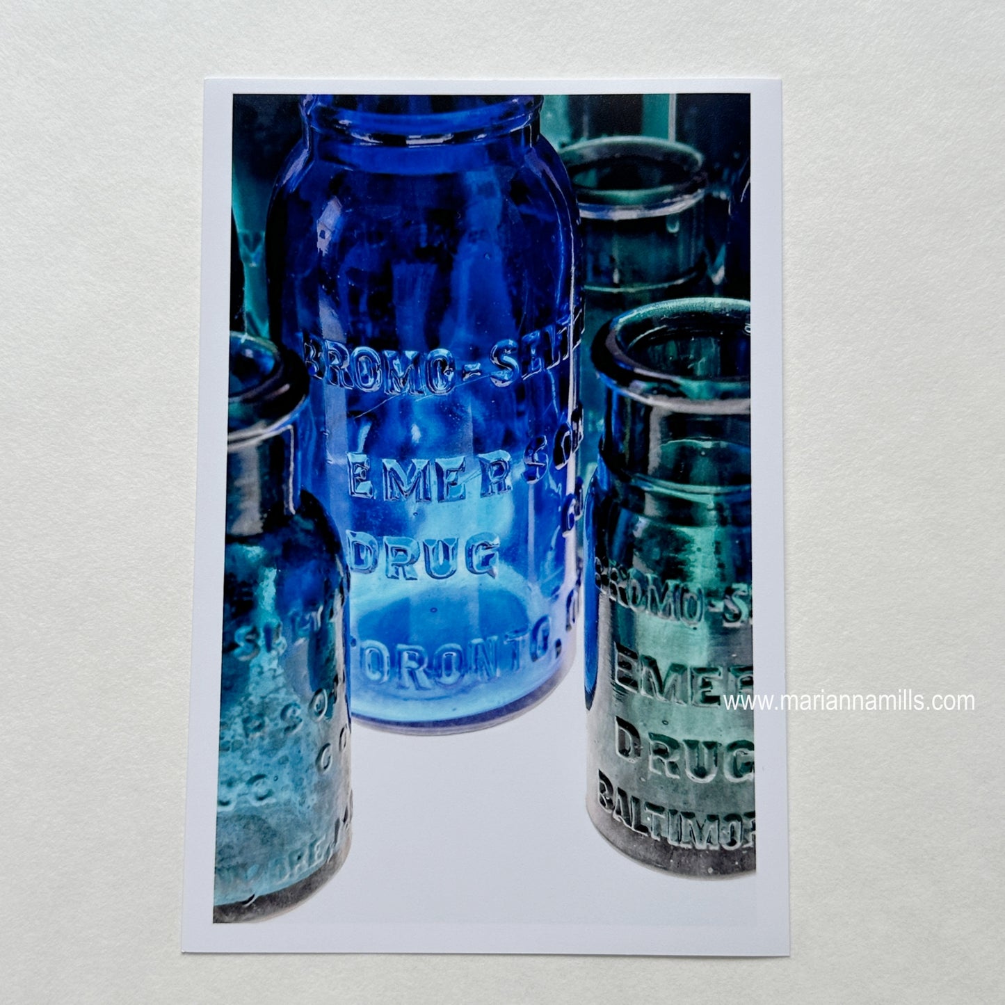 Bromo Seltzer Vintage Glass Bottles Rare Greens Fine Art Photography 4x6 inches by Marianna Mills