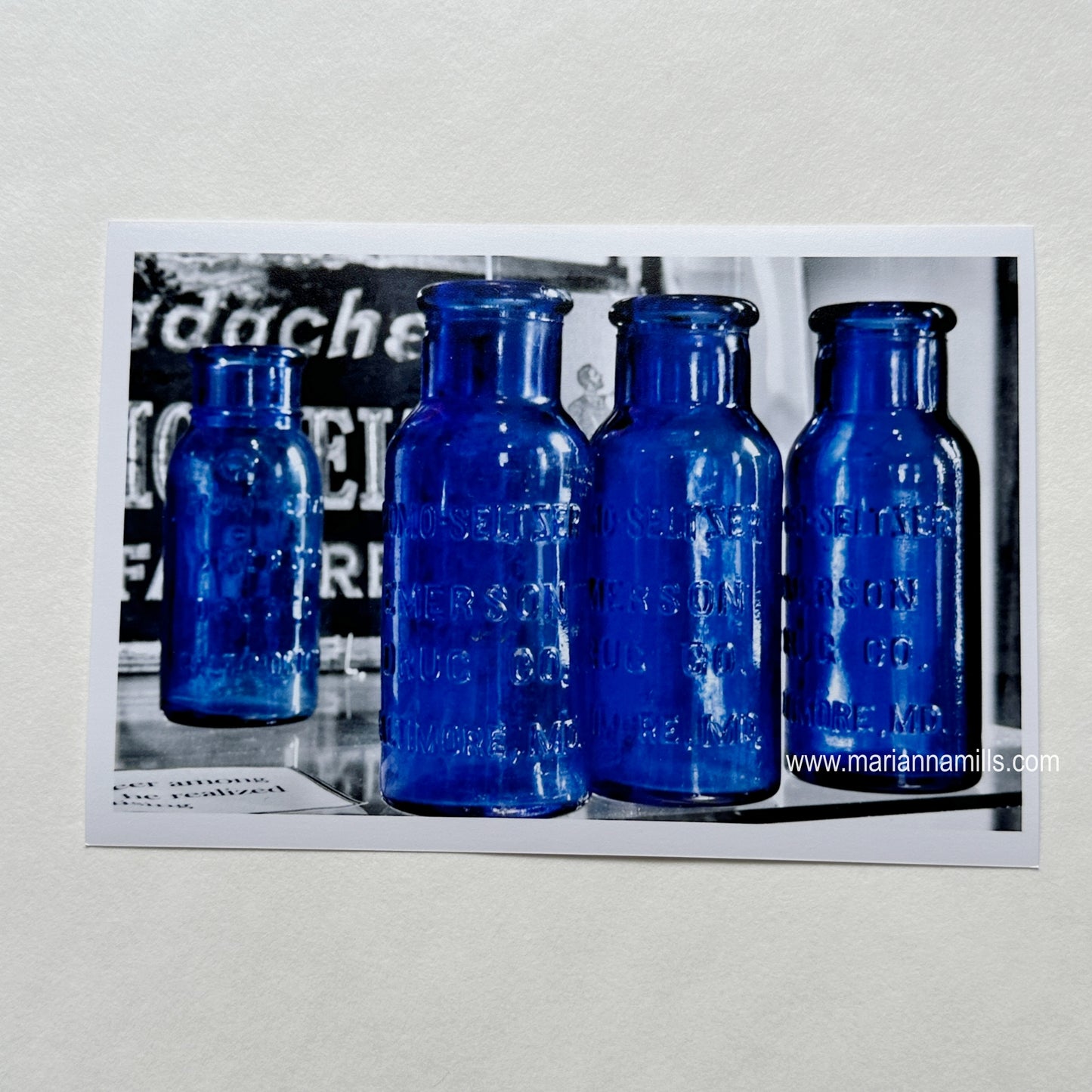 Bromo Seltzer Vintage Glass Bottles Rare Greens Fine Art Photography 4x6 inches by Marianna Mills