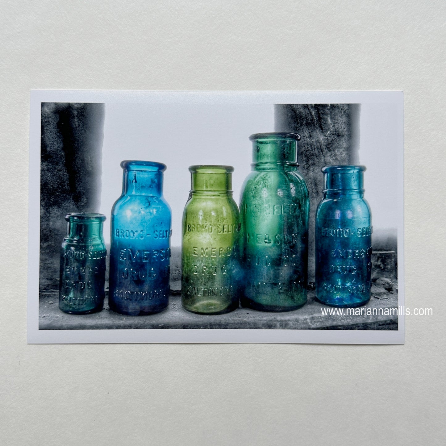 Bromo Seltzer Vintage Glass Bottles Rare Greens Fine Art Photography 4x6 inches by Marianna Mills