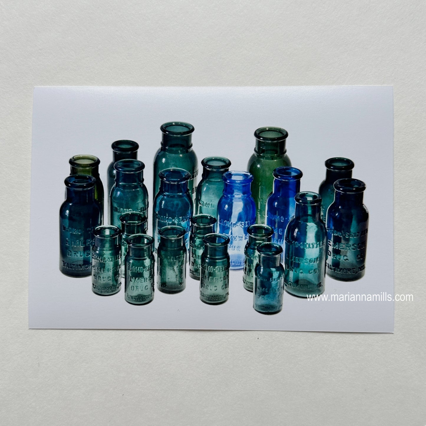 Bromo Seltzer Vintage Glass Bottles Rare Greens Fine Art Photography 4x6 inches by Marianna Mills