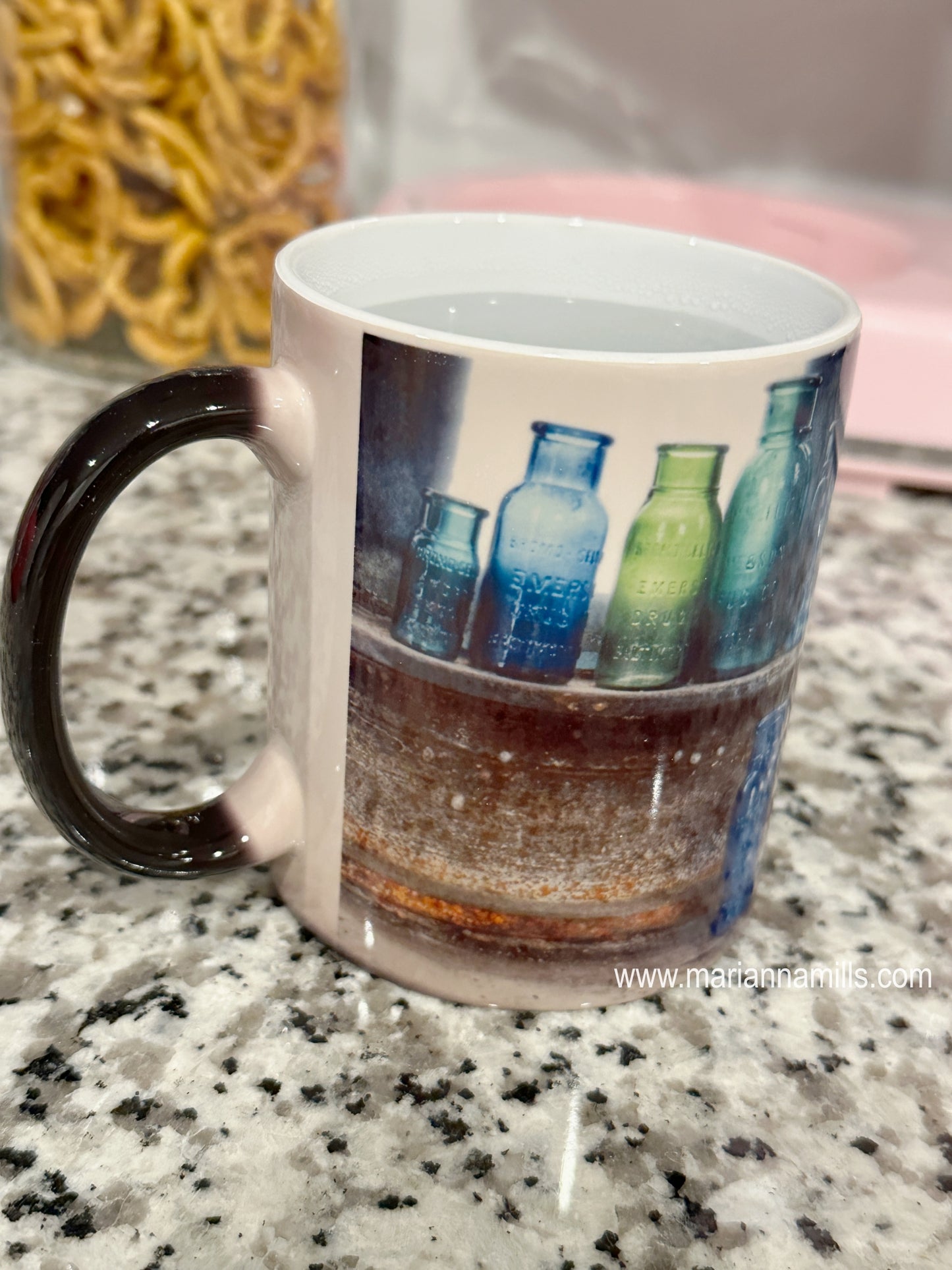 Bromo Seltzer Antique Bottles Magic Mug. It changes color from black when you pour hot liquid inside and the design reveal, then it will stay visible until the mug cool down.