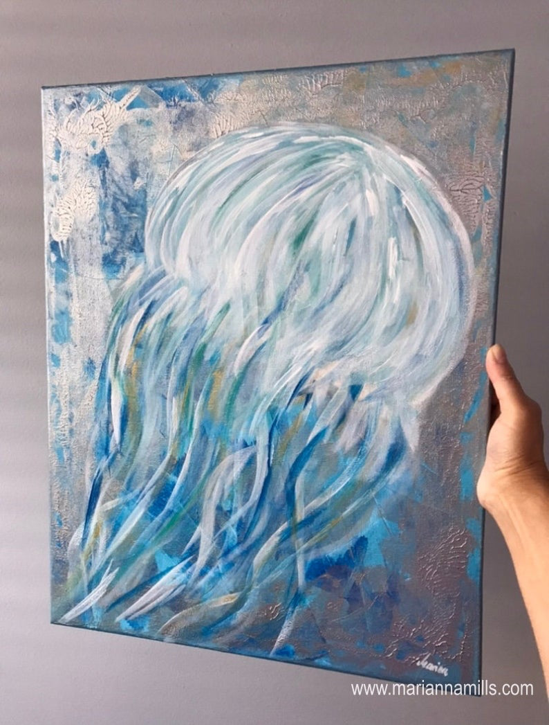 original acrylic impasto surreal painting for sale by Hungarian visionary artist Marianna Mills. 20”x16” size. Title: Jelly is a beautiful contemporary fine art featuring a jellyfish with beautiful sea blue, green, white, silver and gold colors.