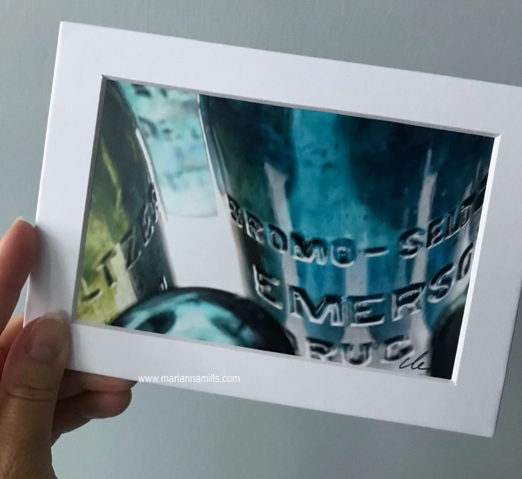 Bromo Seltzer Vintage Glass Blue Bottles details 5"x7" signed and matted fine art print by Marianna Mills.