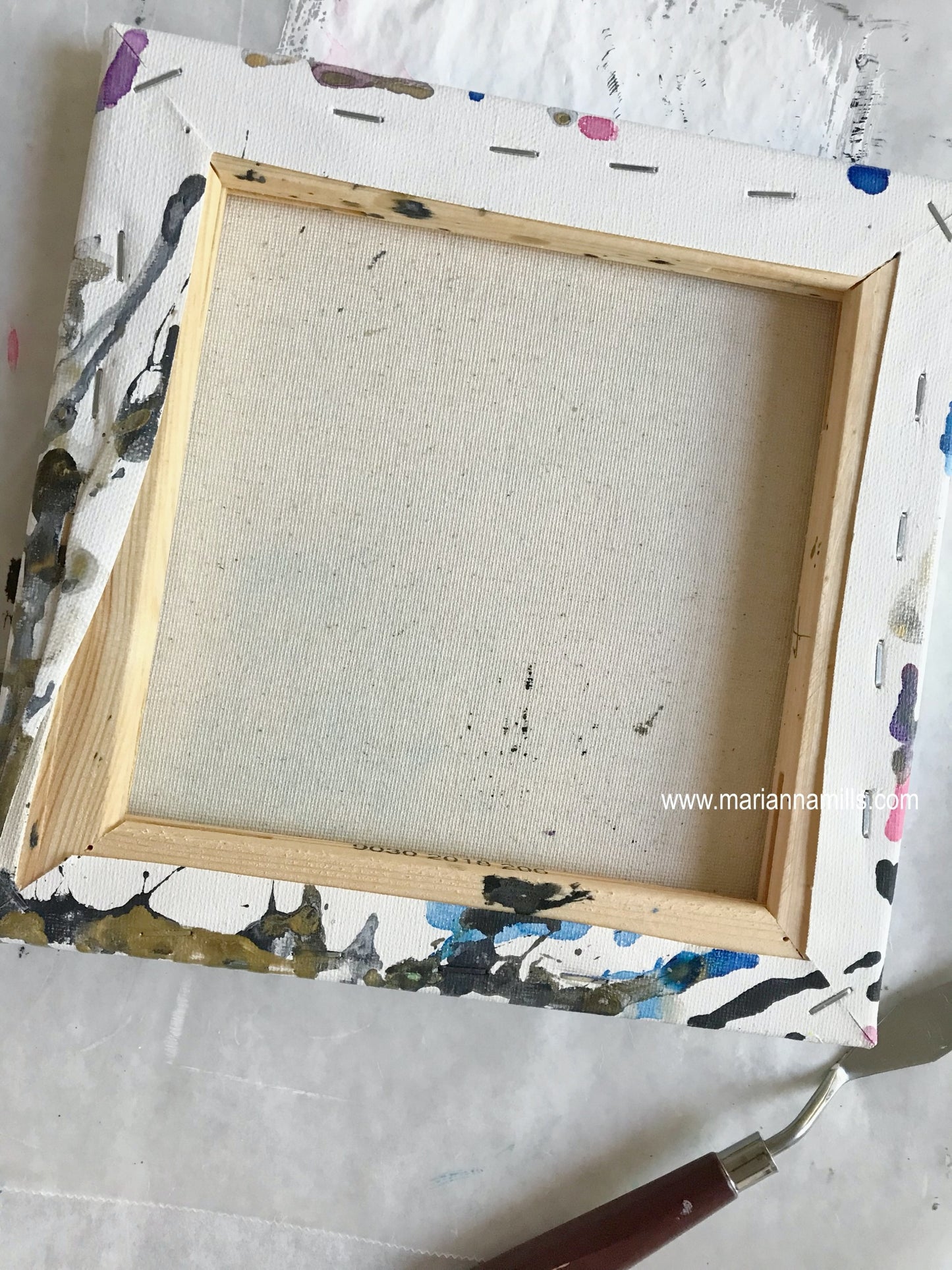 back of Outburst - 8x8 inches original mixed media fluid art, impasto painting by Marianna Mills
