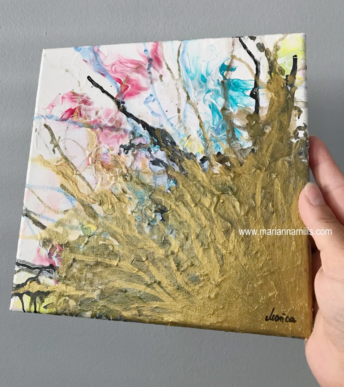 Outburst - 8x8 inches original mixed media fluid art, impasto painting by Marianna Mills