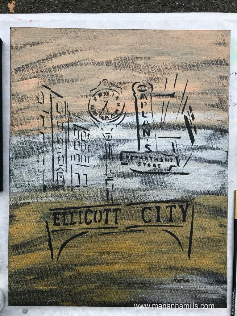 Historic Ellicott City Main Street Landmarks Gold, Silver and Bronze Painting by Marianna Mills | 9"x12" by Marianna Mills