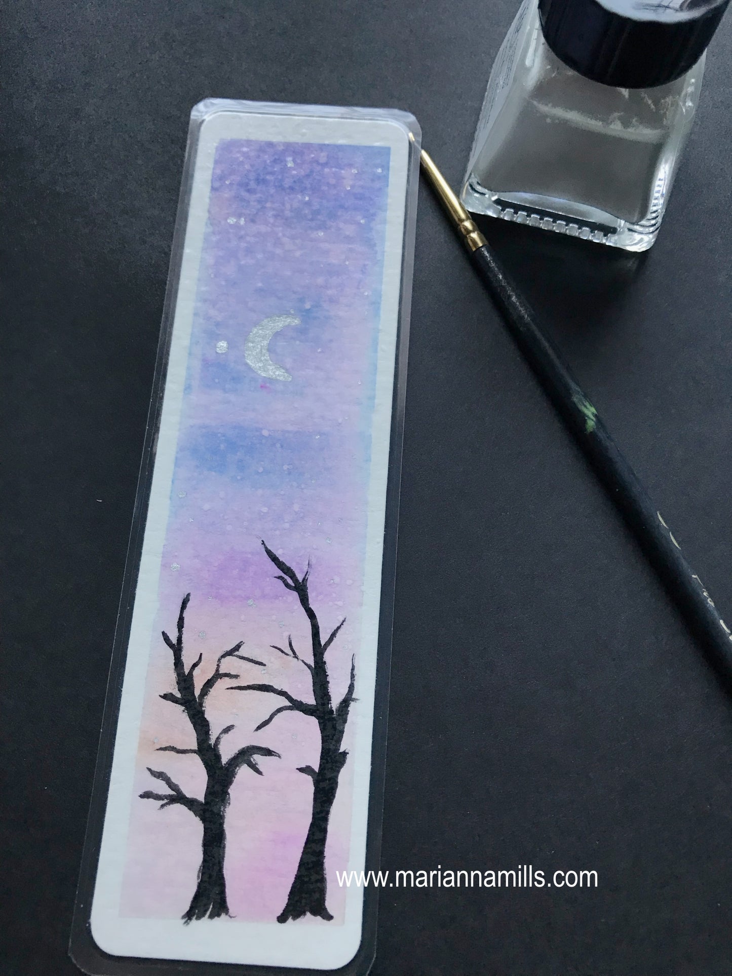 Original hand painted bookmark: watercolor with silver details by Marianna Mills