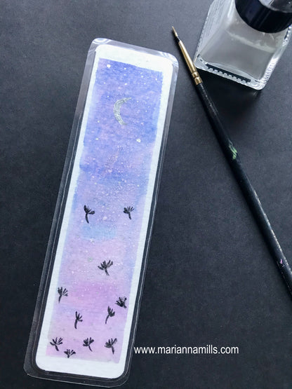 Original hand painted bookmark: watercolor with silver details by Marianna Mills. Make a wish. Dandelion seeds flying