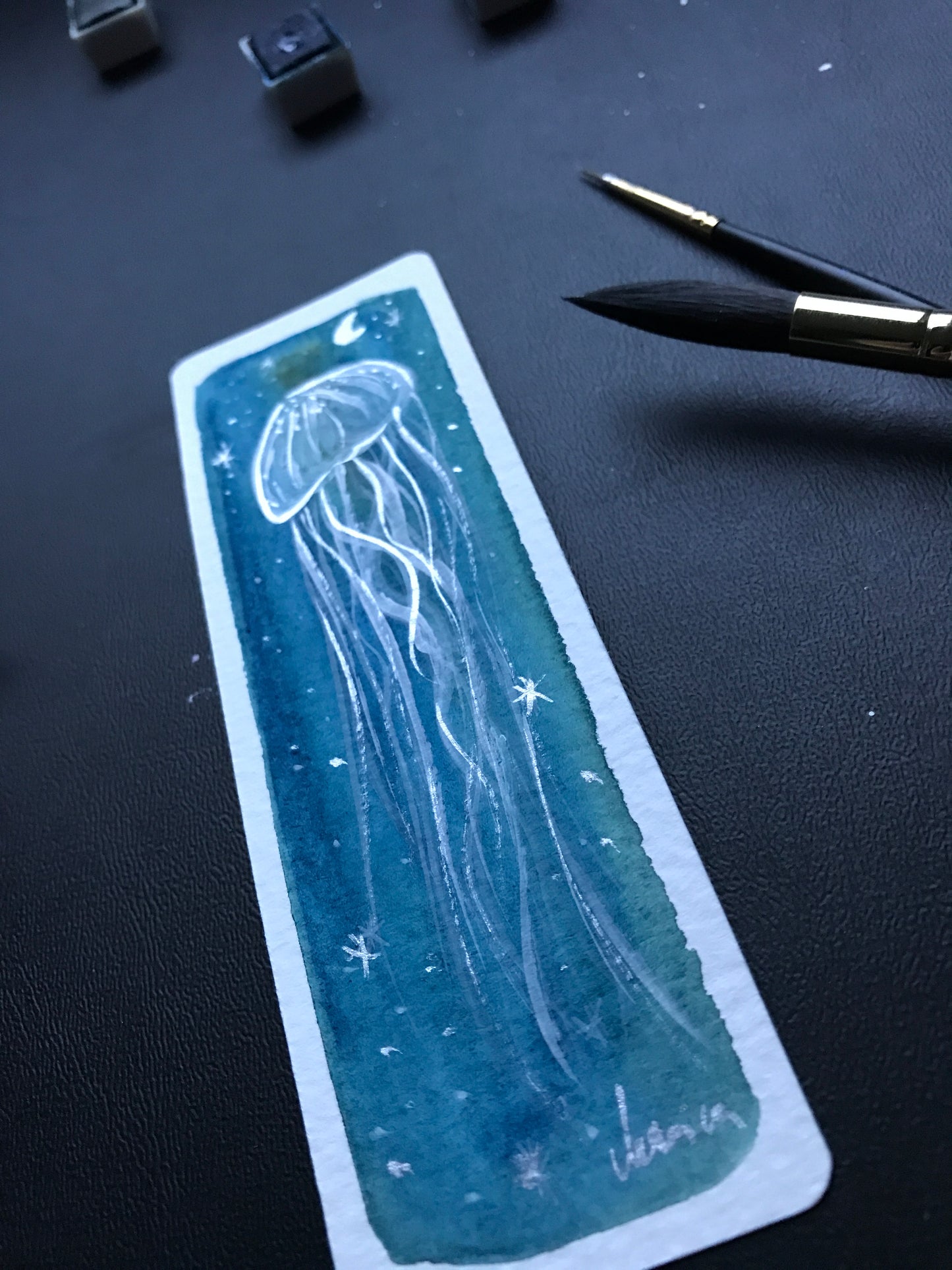 Space Jellyfish Original hand painted bookmark: watercolor with silver details by Marianna Mills