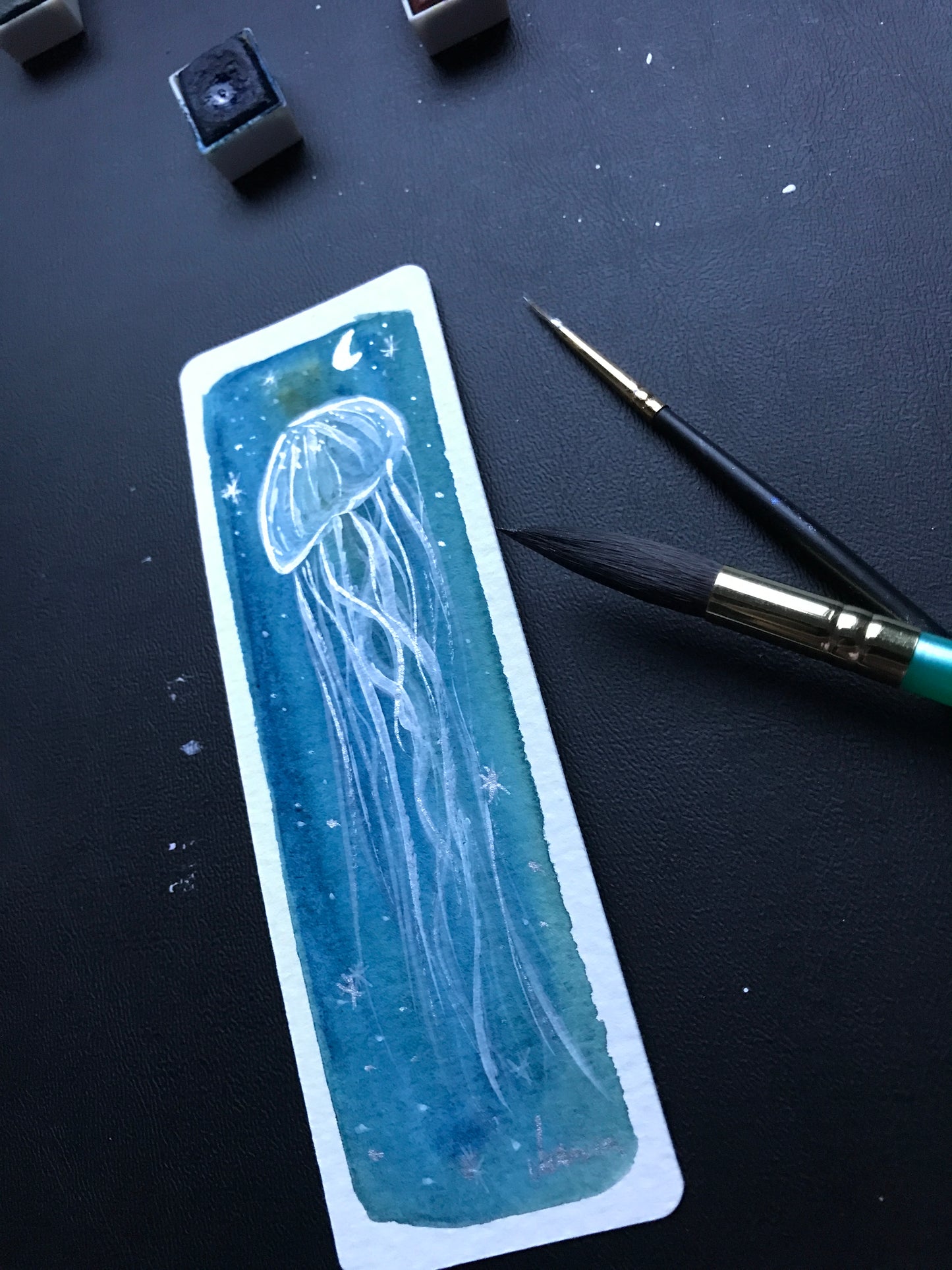 Space Jellyfish Original hand painted bookmark: watercolor with silver details by Marianna Mills