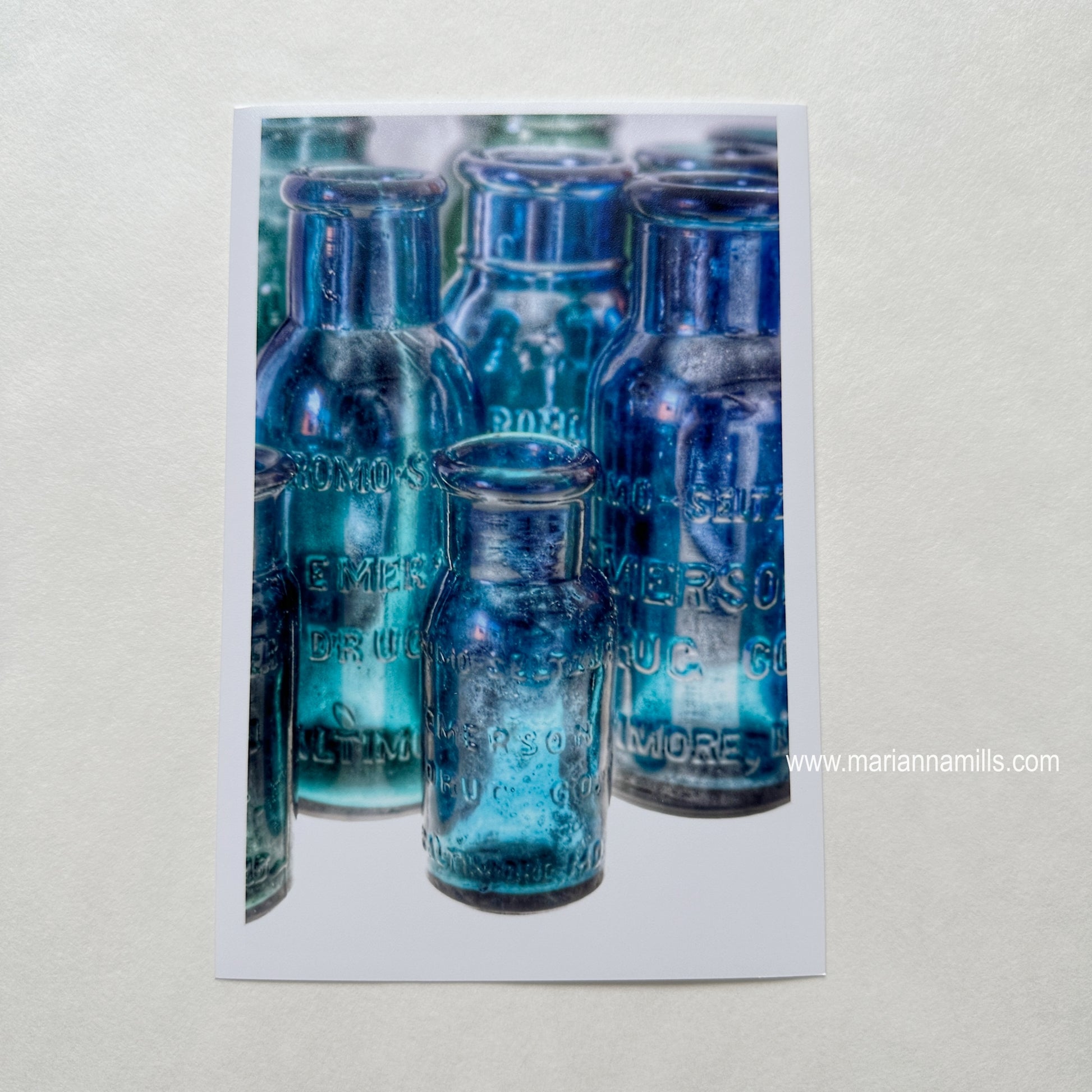 Bromo Seltzer Vintage Glass Bottles Rare Greens Fine Art Photography 4x6 inches by Marianna Mills