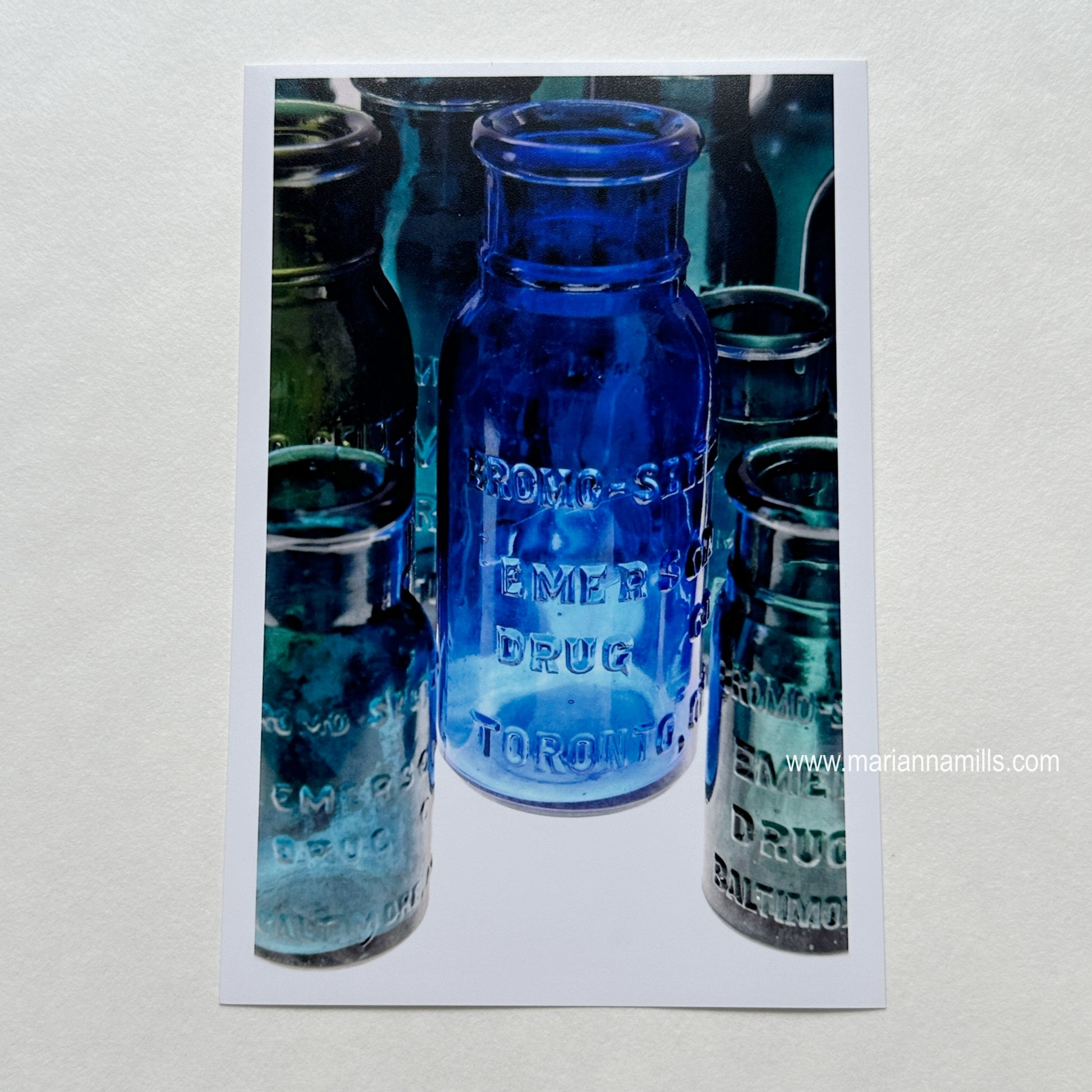 Bromo Seltzer Vintage Glass Bottles Rare Greens Fine Art Photography 4x6 inches by Marianna Mills