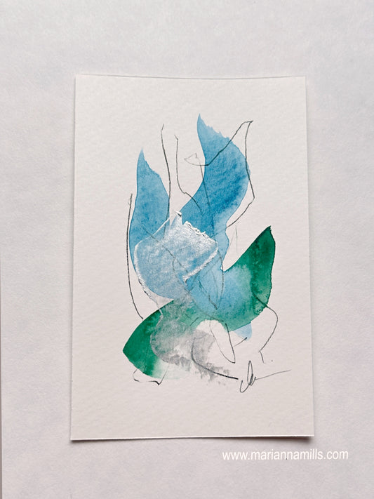 Dove Vol. 1   4"x6" by Marianna Mills mini abstract mixed media painting. Blue and green shades