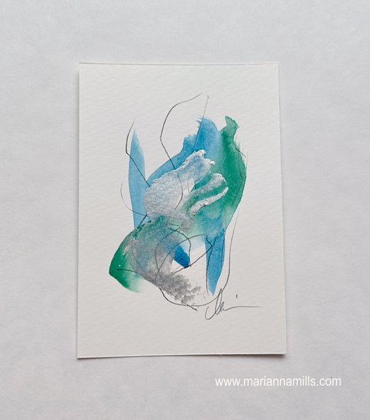 Dove Vol. 2   4"x6" by Marianna Mills. mixed media abstract painting. watercolor, acrylic. blue and green shades