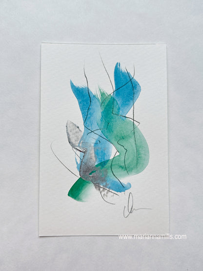 Dove Vol. 3 4"x6" by Marianna Mills. mixed media abstract painting. watercolor, acrylic. blue and green shades