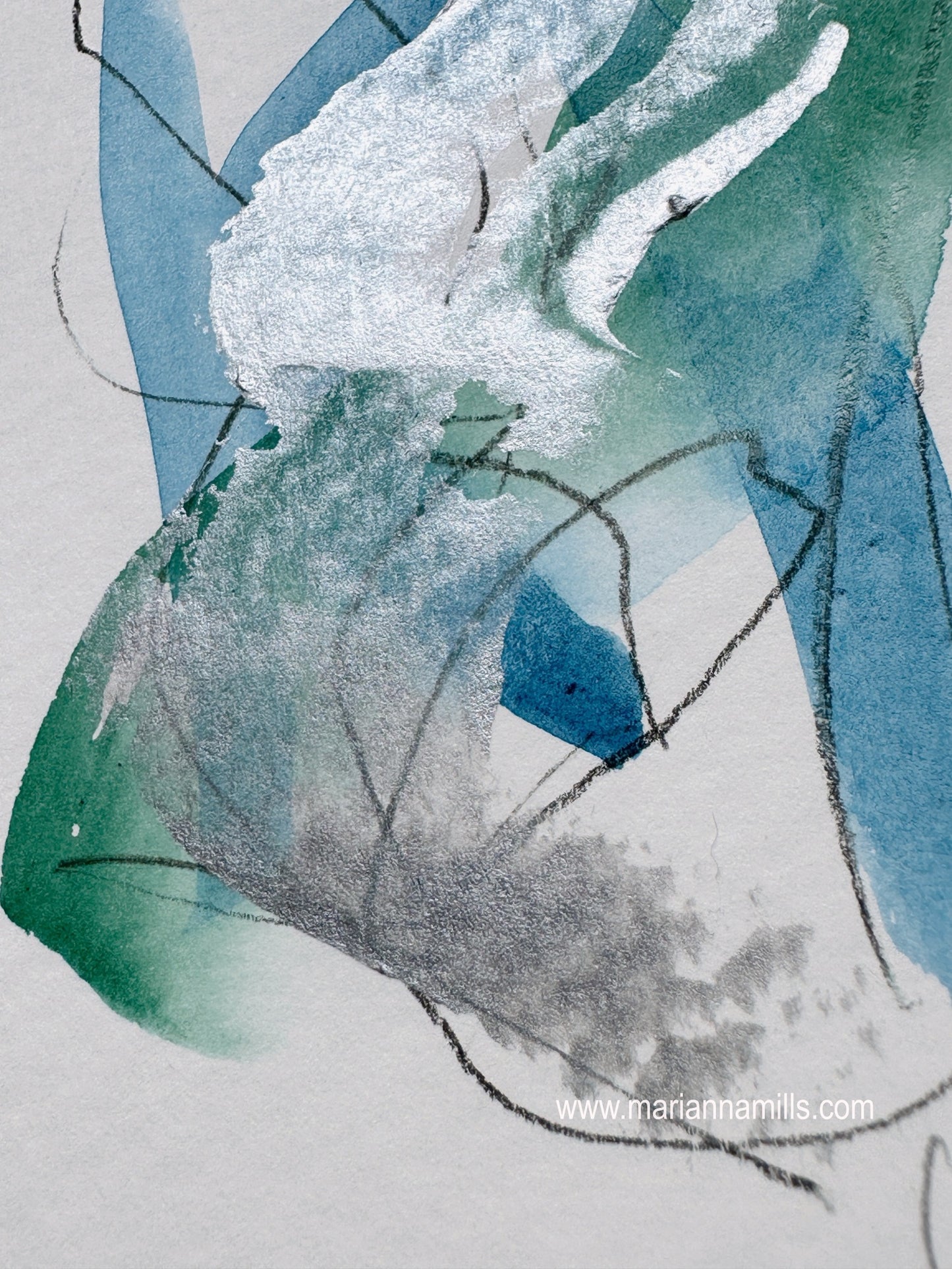 Dove Vol. 2 4"x6" by Marianna Mills. mixed media abstract painting. watercolor, acrylic. blue and green shades