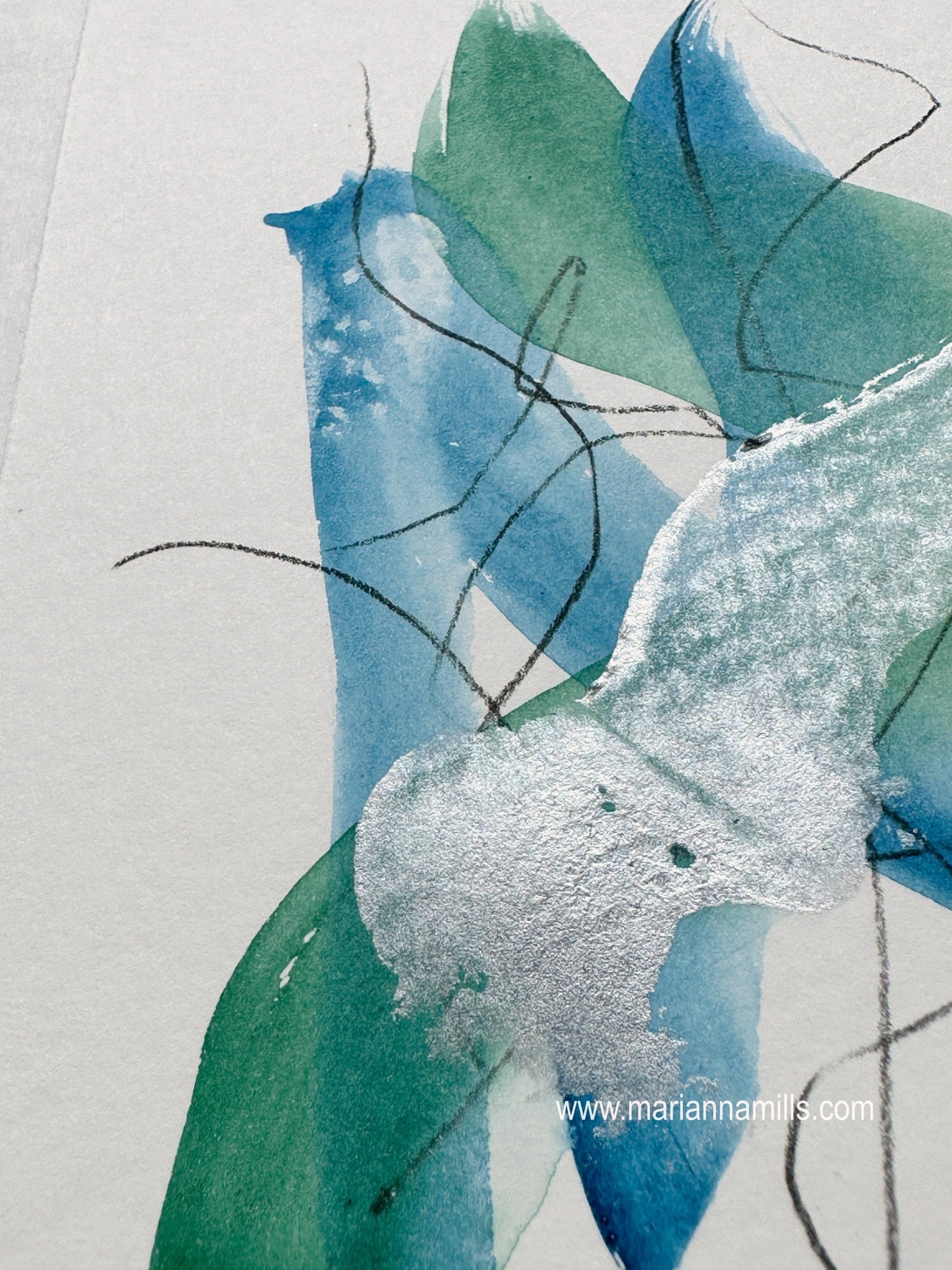 Dove Vol. 4 4"x6" by Marianna Mills. mixed media abstract painting. watercolor, acrylic. blue and green shades