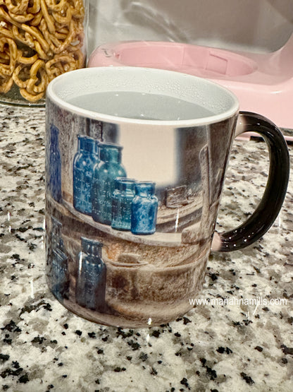 Bromo Seltzer Antique Bottles Magic Mug. It changes color from black when you pour hot liquid inside and the design reveal, then it will stay visible until the mug cool down.