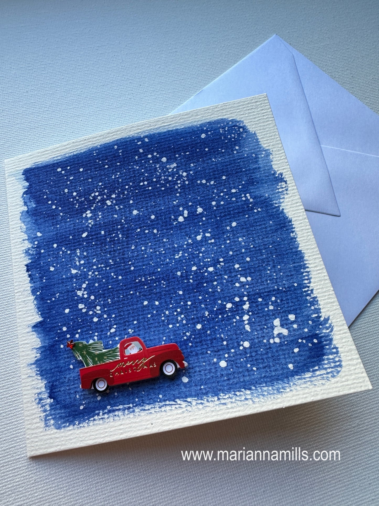 Hand painted Christmas Card #2 Snowing with a paper little red truck embellishment.&nbsp;