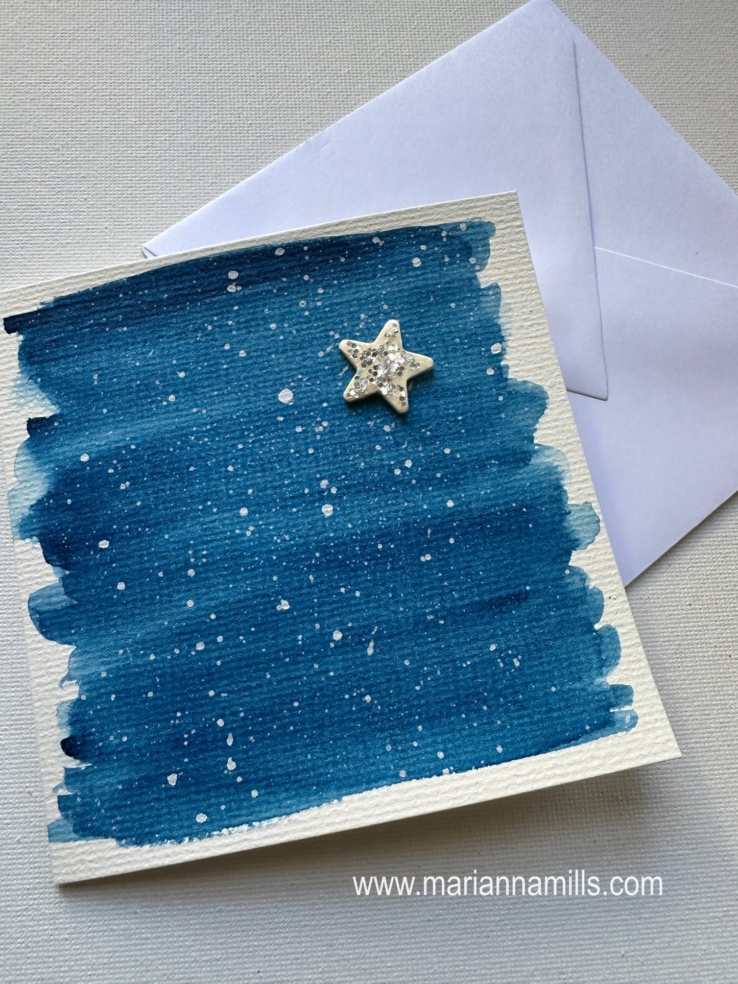 Hand painted Christmas Card #1 Starry Sky with a glittery wood star embellishment.