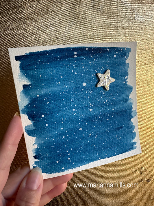 Hand painted Christmas Card #1 Starry Sky with a glittery wood star embellishment.