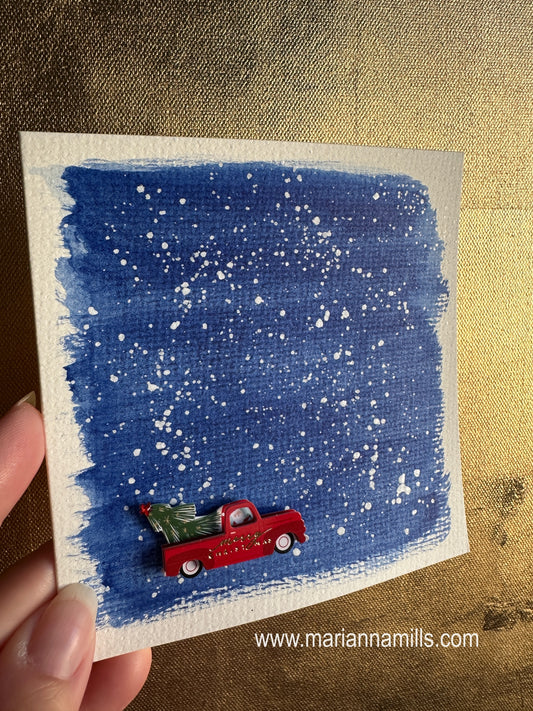 Hand painted Christmas Card #2 Snowing with a paper little red truck embellishment.&nbsp;