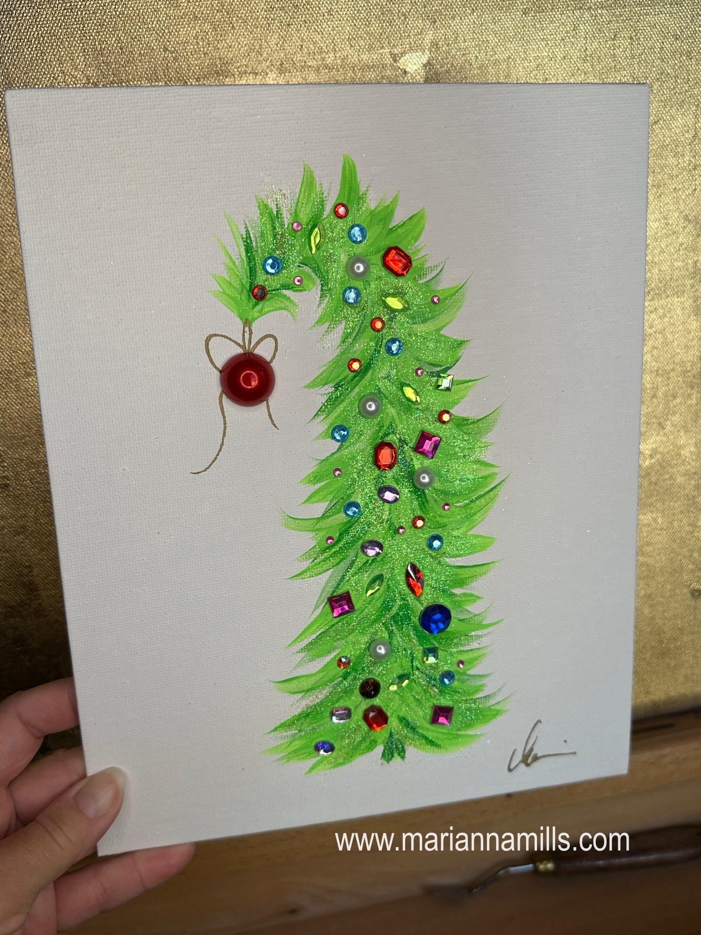 Grinch Curved Christmas Tree #31 Original Painting on canvas panel with Jewels and Glitter by Marianna Mills Hungarian Artist ships from the US.