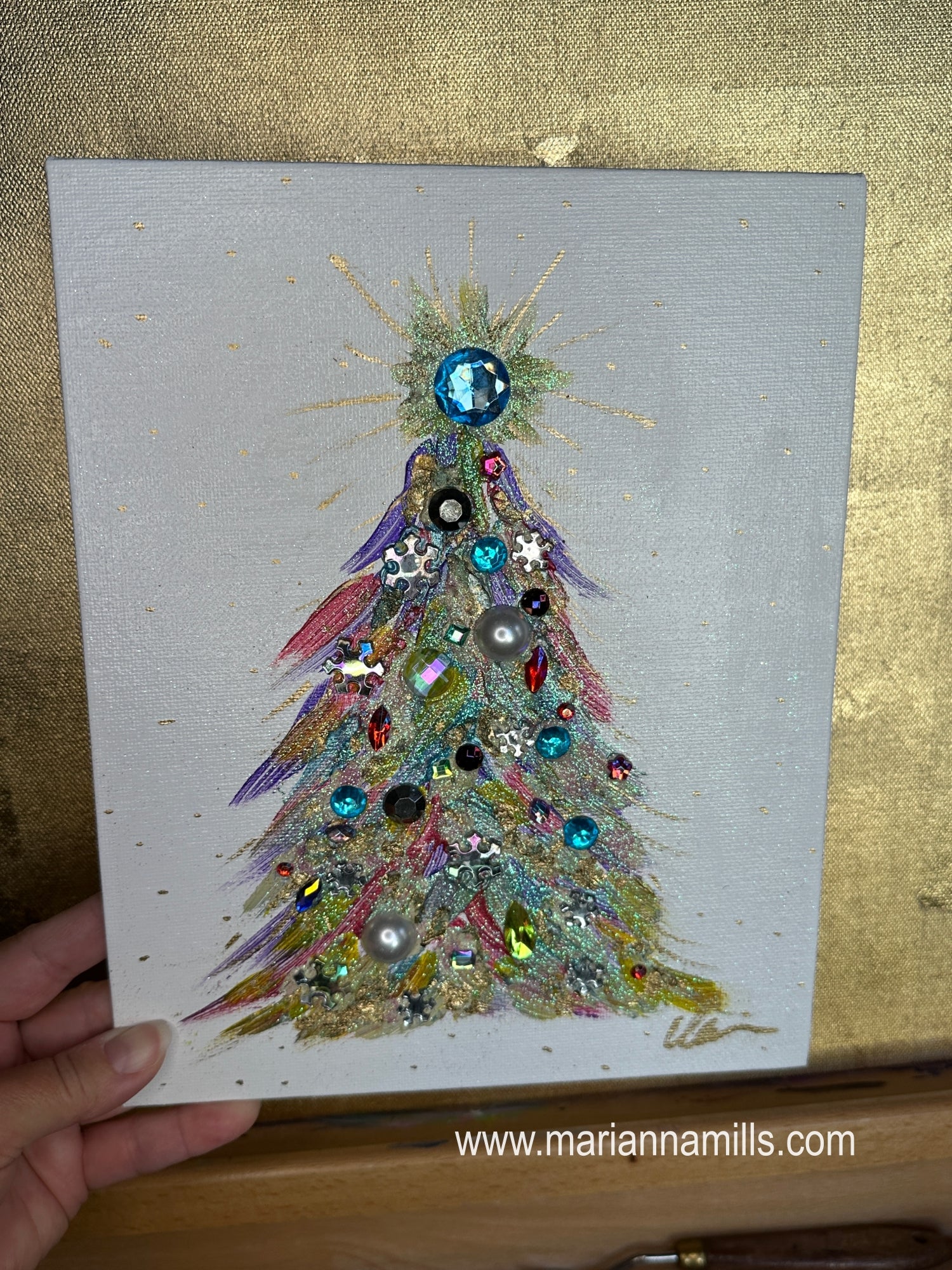 Christmas Tree #55 Original Painting on canvas panel with Jewels and Glitter by Marianna Mills Hungarian Artist ships from the US.