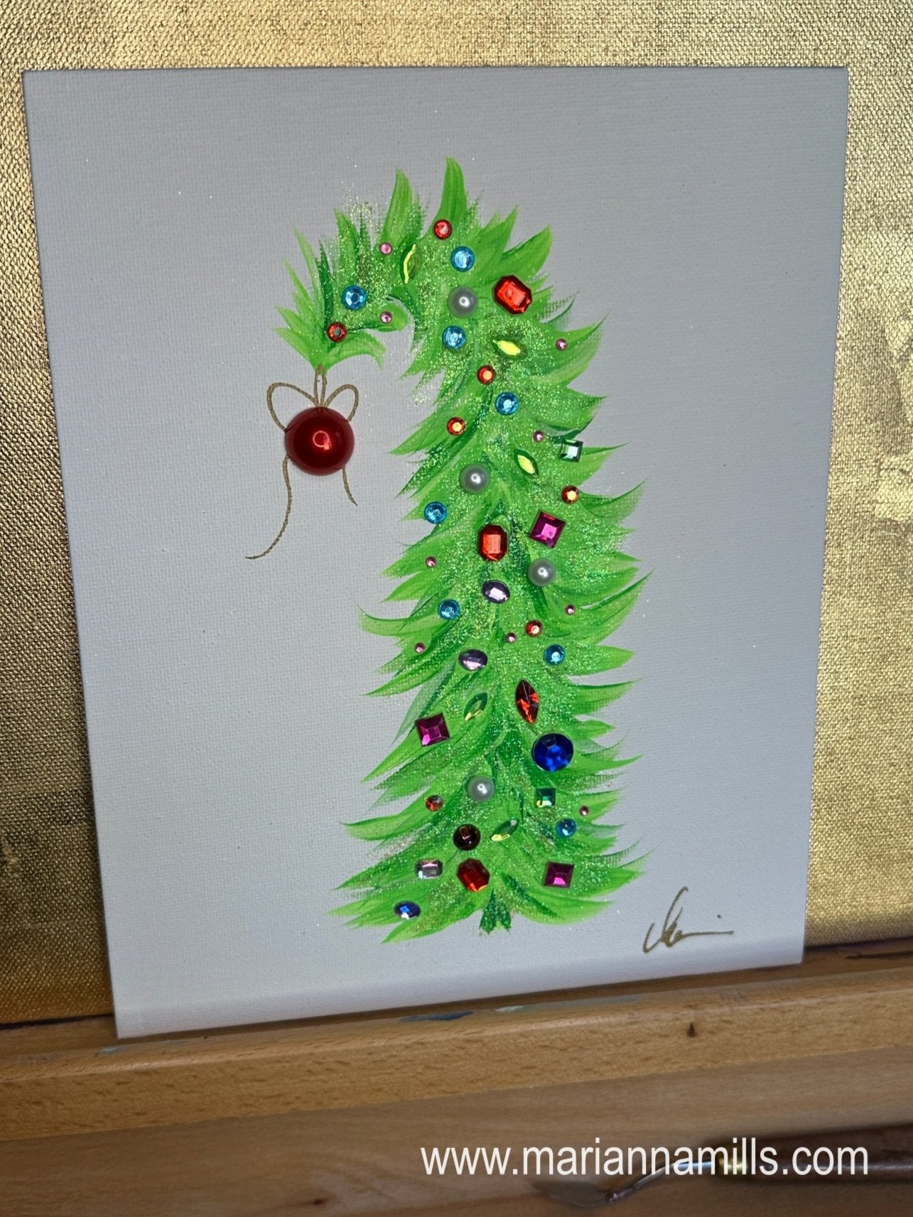 Grinch Curved Christmas Tree #31 Original Painting on canvas panel with Jewels and Glitter by Marianna Mills Hungarian Artist ships from the US.