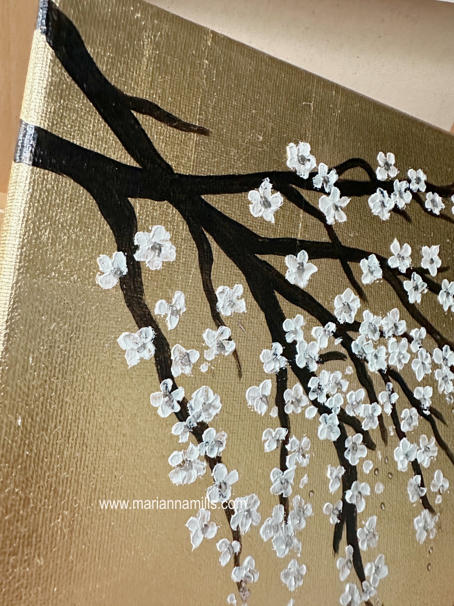 Gold Sakura | Cherry Blossoms Original Floral Textured Palette Knife Gold leaf Painting on canvas by Marianna Mills Hungarian Artist