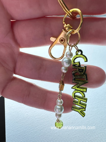 Grinch Keychain Grinchy Charm with Czech Crystal that you can attach to your for lip gloss tube with the extra jump ring I will include.