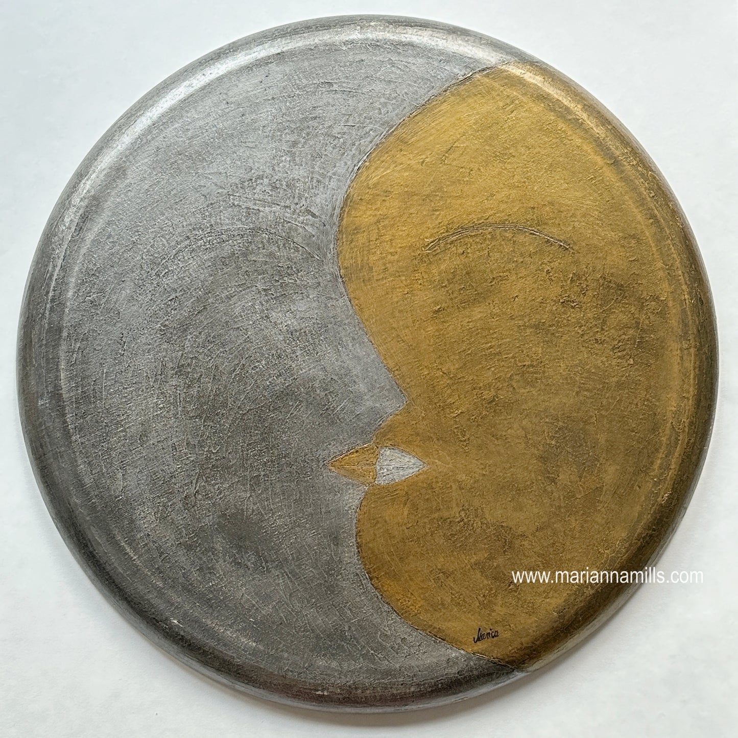 Solar Eclipse - 20" round canvas original surreal oil painting by Marianna Mills. Featuring the Moon and Sun in minimalist style 