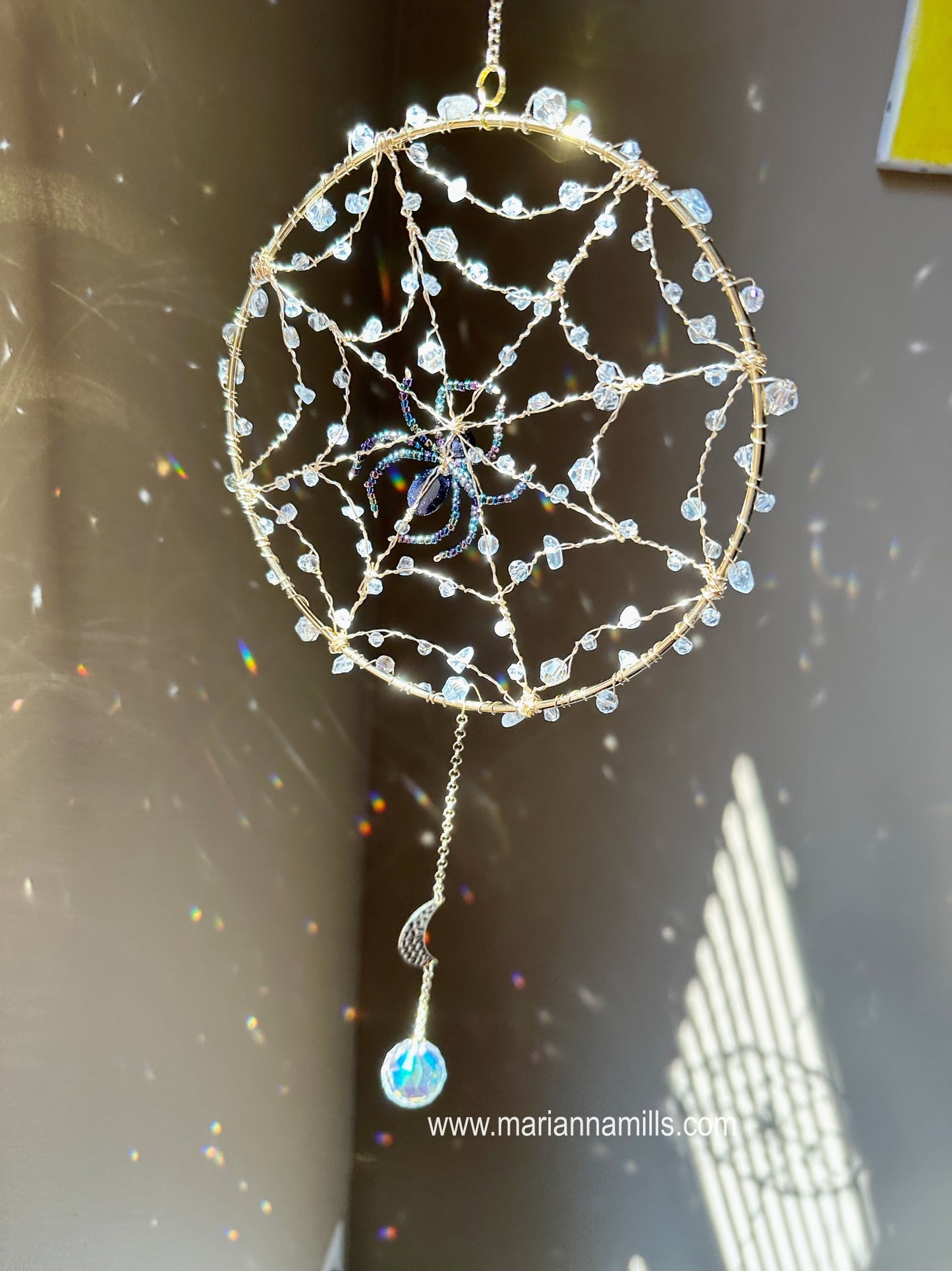 Rain Droplet Spider Web Crystal Prism Suncatcher | Rainbow Maker | Wet look Halloween Window Hanging Sun Catcher Handmade in USA by Marianna Mills Hungarian Artist