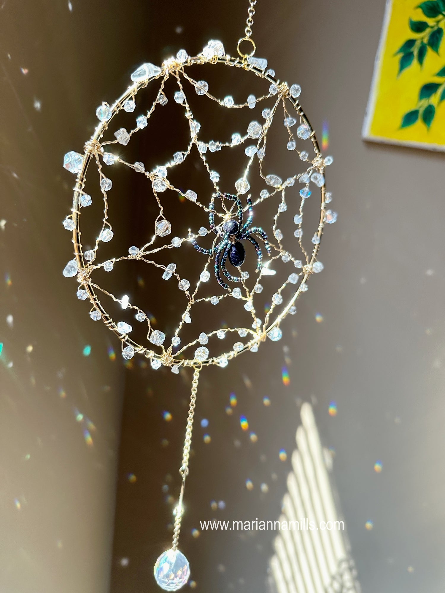 Rain Droplet Spider Web Crystal Prism Suncatcher | Rainbow Maker | Wet look Halloween Window Hanging Sun Catcher Handmade in USA by Marianna Mills Hungarian Artist