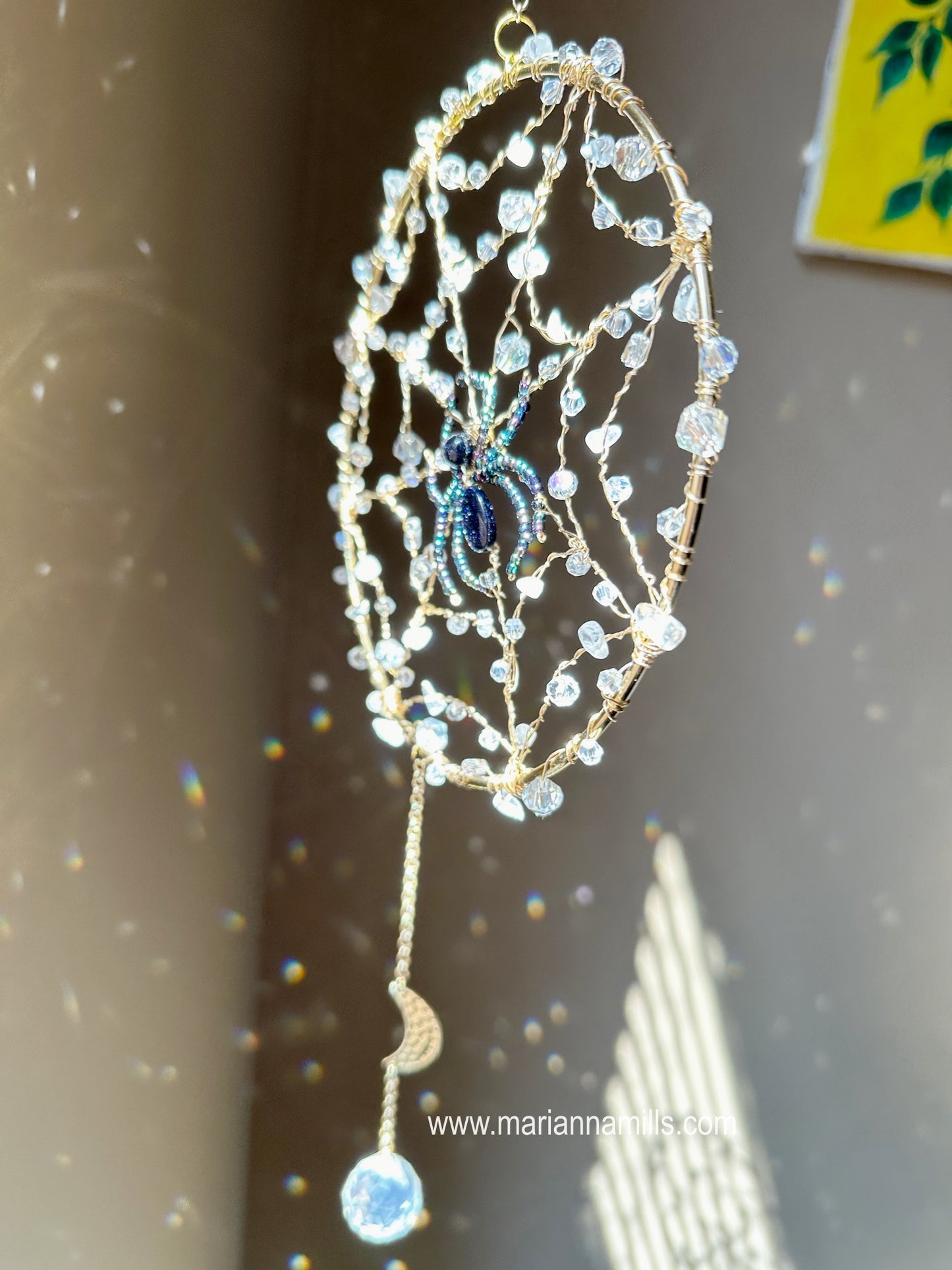 Rain Droplet Spider Web Crystal Prism Suncatcher | Rainbow Maker | Wet look Halloween Window Hanging Sun Catcher Handmade in USA by Marianna Mills Hungarian Artist