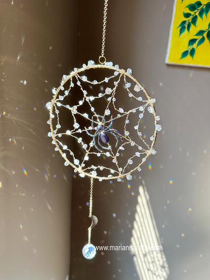 Rain Droplet Spider Web Crystal Prism Suncatcher | Rainbow Maker | Wet look Halloween Window Hanging Sun Catcher Handmade in USA by Marianna Mills Hungarian Artist