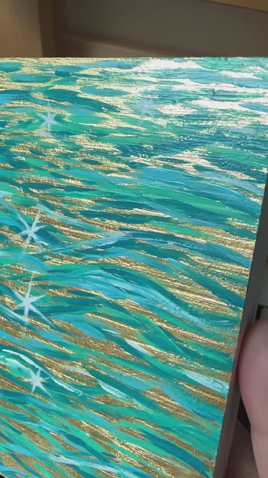 Sparkles on Water | Original Mini Painting using Gold leaf by Marianna Mills Hungarian Artist living in the US.