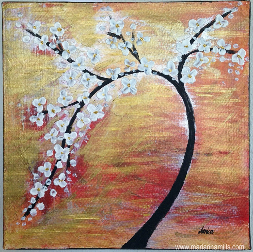 original small acrylic impasto surreal painting by Hungarian visionary artist Marianna Mills. 10”x10” size. Title: Cherry Blossom Tree in sunset.. is a beautiful contemporary fine art featuring a sakura tree with white blossoms, red and gold colors to give a desired effect to this amazing artwork. Already Sold