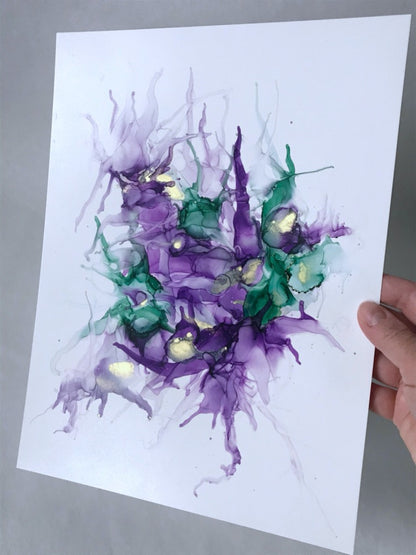 Dream 22 - Original alcohol ink painting by Marianna Mills Hungarian artist. Gold, green and purple ink painting. full size
