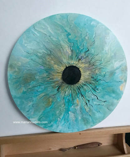 ocean eye - painting for sale by artist Marianna Mills. Acrylic fluid art on round canvas.