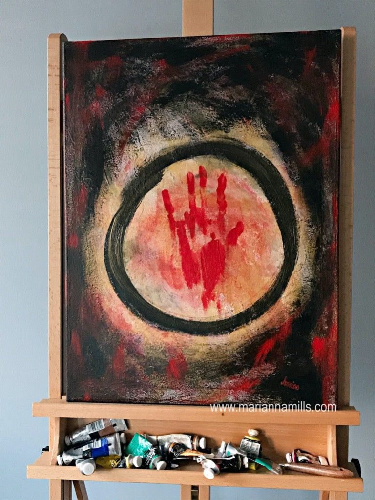 24x18 inch Enso - Confine original textured acrylic painting for sale by Marianna Mills Hungarian Artist. Featuring Zen circle with red hand in the middle. Colors are black, gold, red.