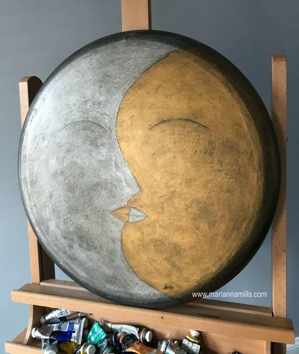 Solar Eclipse - 20" round canvas original surreal oil painting by Marianna Mills. Featuring the Moon and Sun in minimalist style