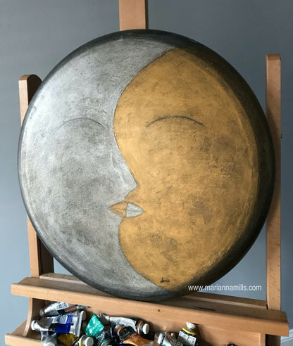 Solar Eclipse - 20" round canvas original surreal oil painting by Marianna Mills. Featuring the Moon and Sun in minimalist style