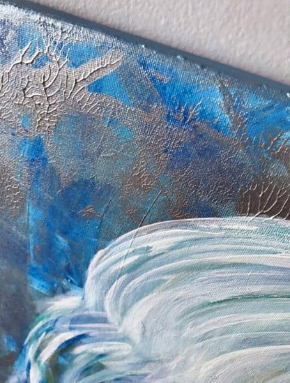 detail image showing the brush stokes,original acrylic impasto surreal painting for sale by Hungarian visionary artist Marianna Mills. 20”x16” size. Title: Jelly is a beautiful contemporary fine art featuring a jellyfish with beautiful sea blue, green, white, silver and gold colors.