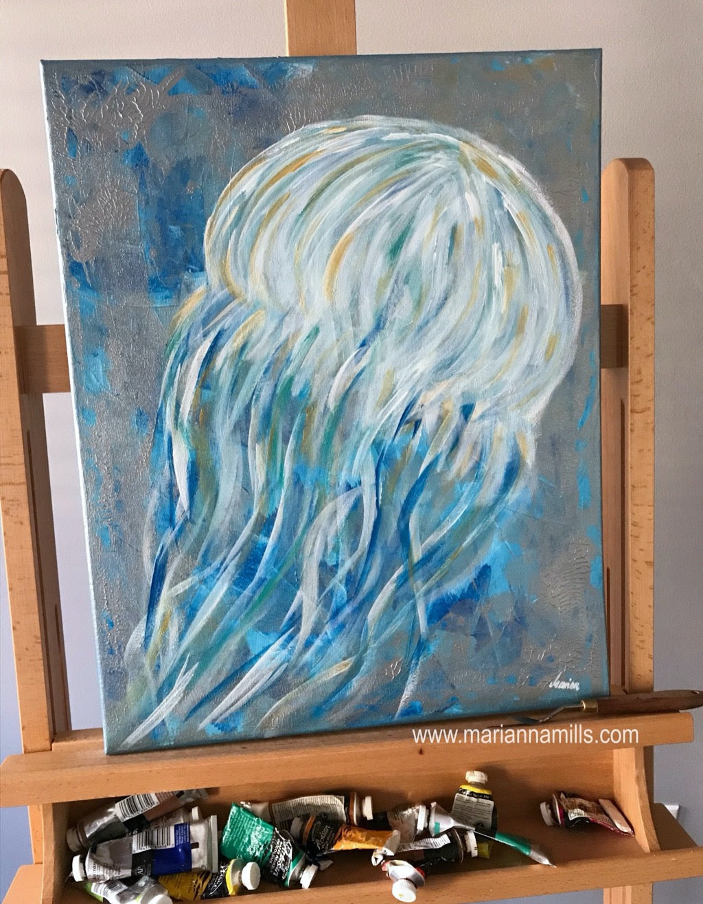 original acrylic impasto surreal painting for sale by Hungarian visionary artist Marianna Mills. 20”x16” size. Title: Jelly is a beautiful contemporary fine art featuring a jellyfish with beautiful sea blue, green, white, silver and gold colors.