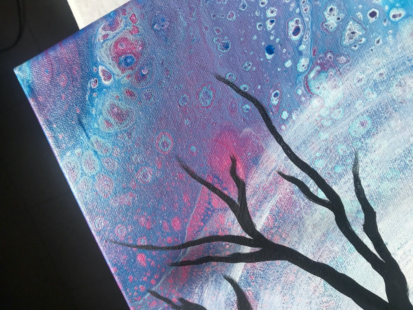 Moon Tree - Original Acrylic Mixed Media Textured Surreal 4 piece Painting by Marianna Mills - 22.5"x23" detail of the paint