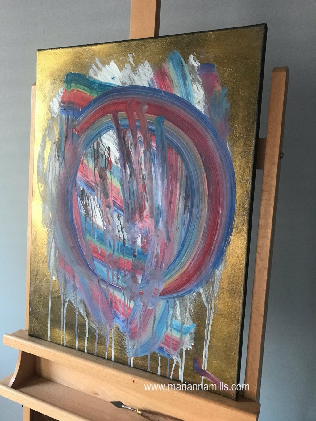 Enso - Hope 24"x18" Overpainted Acrylic Rainbow Gold Abstract Painting by Marianna Mills