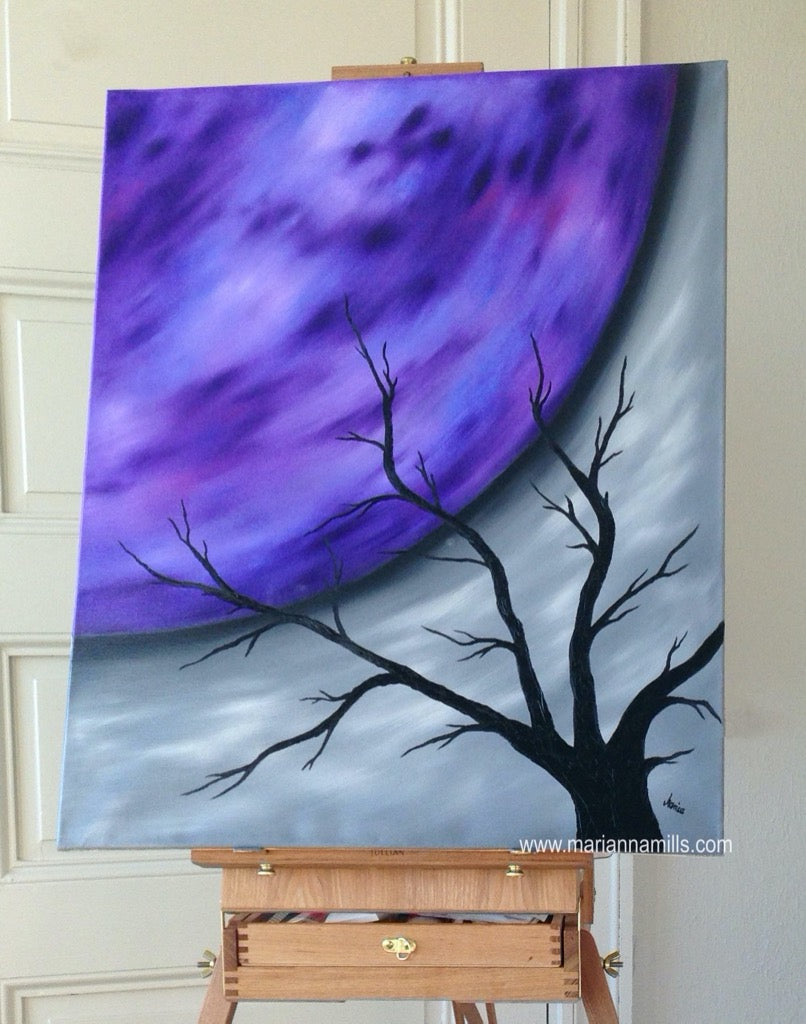 Purple Moon Tree - original oil painting by Hungarian Artist Marianna Mills. Sold artwork