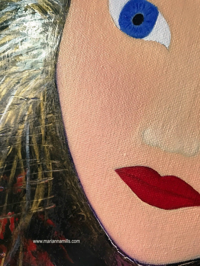 Go With The Flow - Original Visionary Oil Painting by Marianna Mills | 30"x30" close up of the woman face showing the eye and the lips